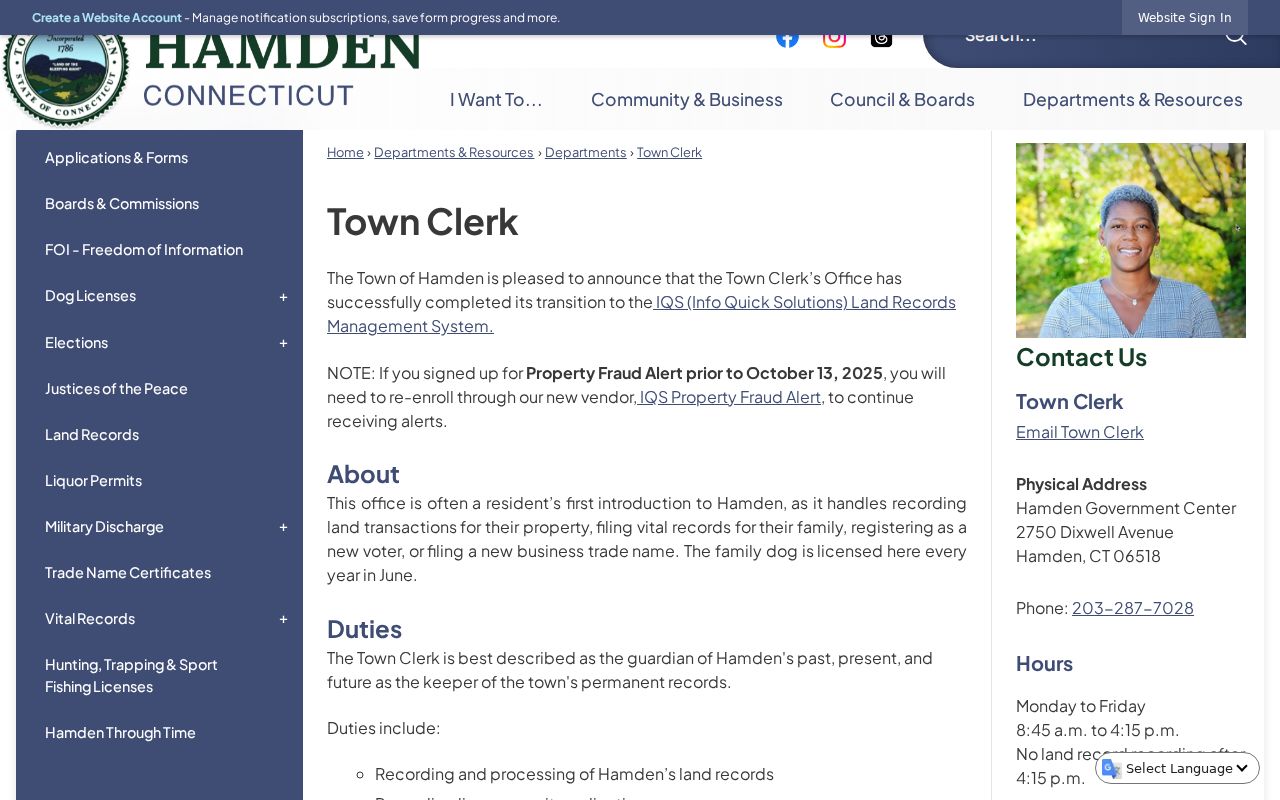 Hamden residents directory Town Clerk land records